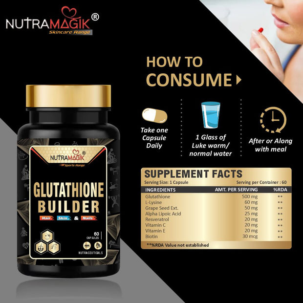 Reduced Glutathione with Resveratrol ,ALA ,Biotin,Grape seed Ext for Healthy Skin- 60 capsule