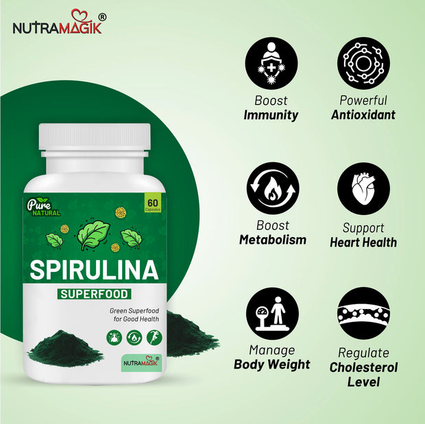 Spirulina Super Green Food For Good Health Weight Management And Immunity Booster | Helps In Healthy Heart- 60 Capsules