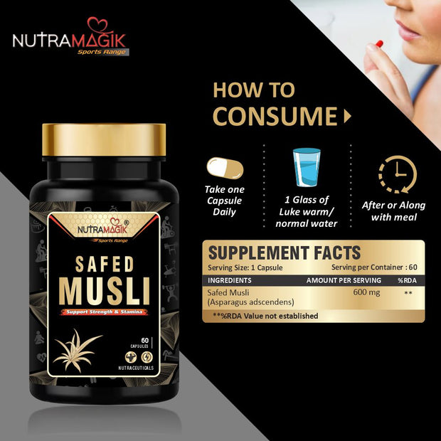 Safed Musli Extract Capsules Supports Immunity, Improves Strength, Provides Energy Level, Enhances Sports Performance-60 Capsules