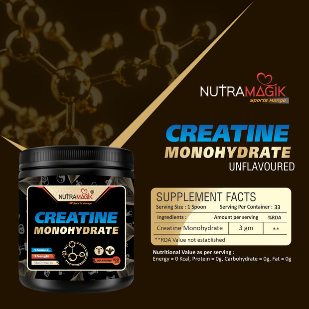 Creatine Monohydrate For Strength Endurance & Athlete Performance Energy Support For Instant Workout, Unflavored -100gm Powder