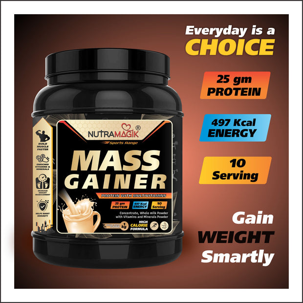 Nutramagik Mass Gainer Whey Protein Powder - High Calories Formula with Vitamins & Minerals, Creatine- 1KG