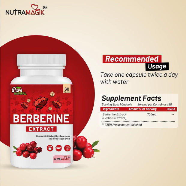 Nutramagik Berberine Extract - Helps Maintain Healthy Cholesterol and Blood Sugar Levels - 60 Capsules