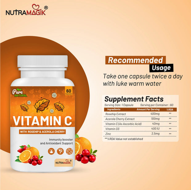 Natural Vitamin C with Acerola Cherry, Rosehip Extract with Zinc-60 Capsule