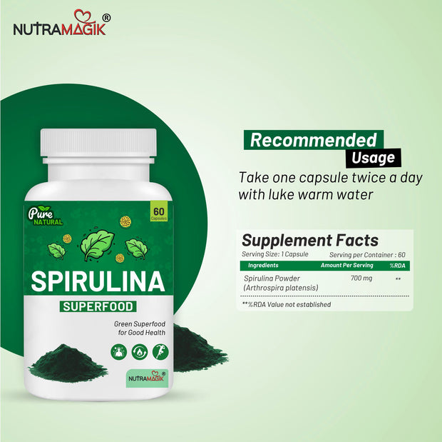 Spirulina Super Green Food For Good Health Weight Management And Immunity Booster | Helps In Healthy Heart- 60 Capsules