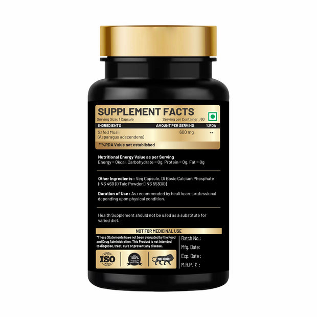 Safed Musli Extract Capsules Supports Immunity, Improves Strength, Provides Energy Level, Enhances Sports Performance-60 Capsules